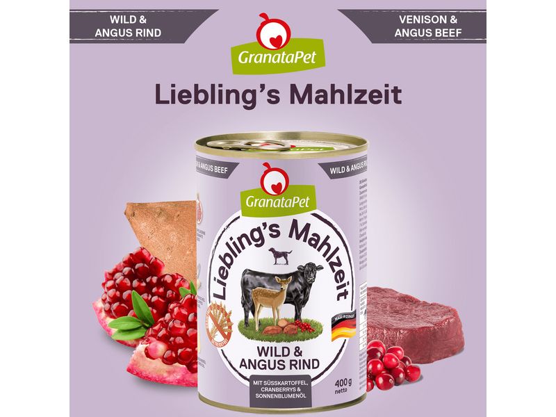 GranataPet Nassfutter Liebling's Mahlzeit Wild & Angus Rind Alleinfuttermittel für ausgewachsene Hunde