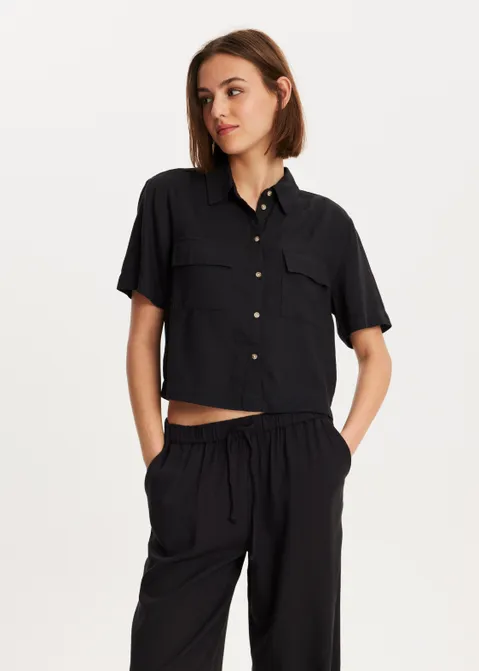 Linnen mix korte mouwen blouse zwart (ZWART)