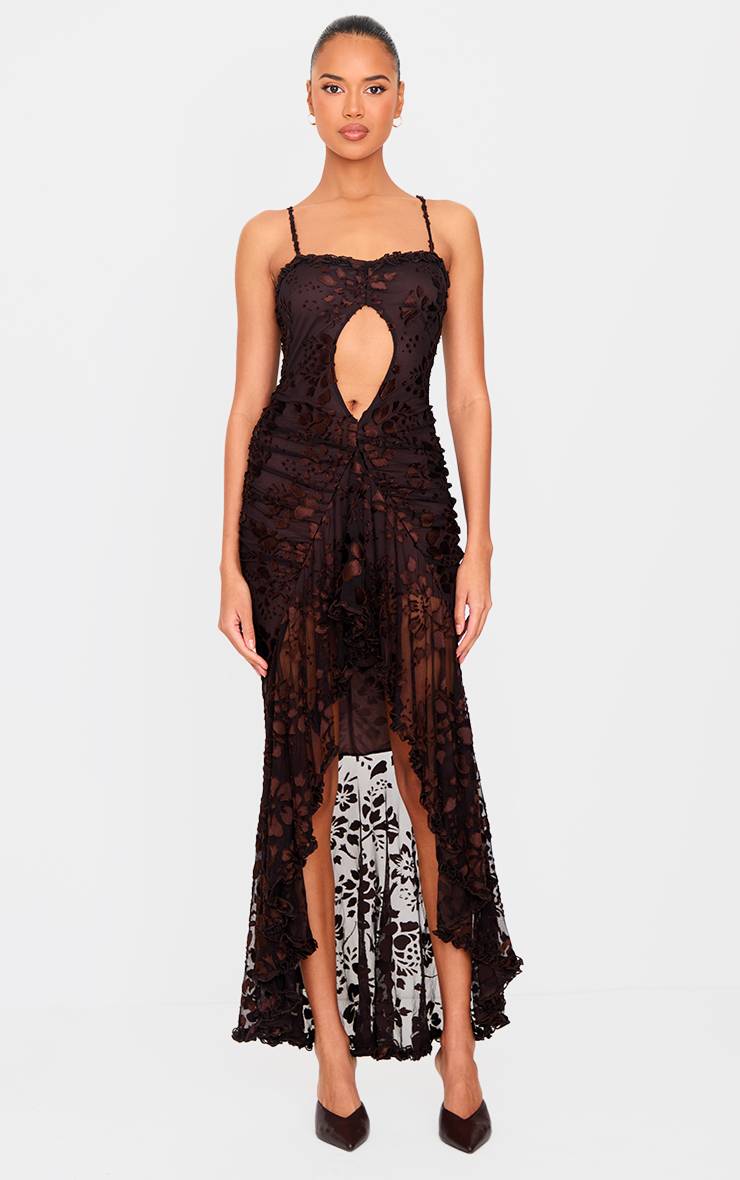 Marron Robe En Devoré À Découpes Et Détails À Volants