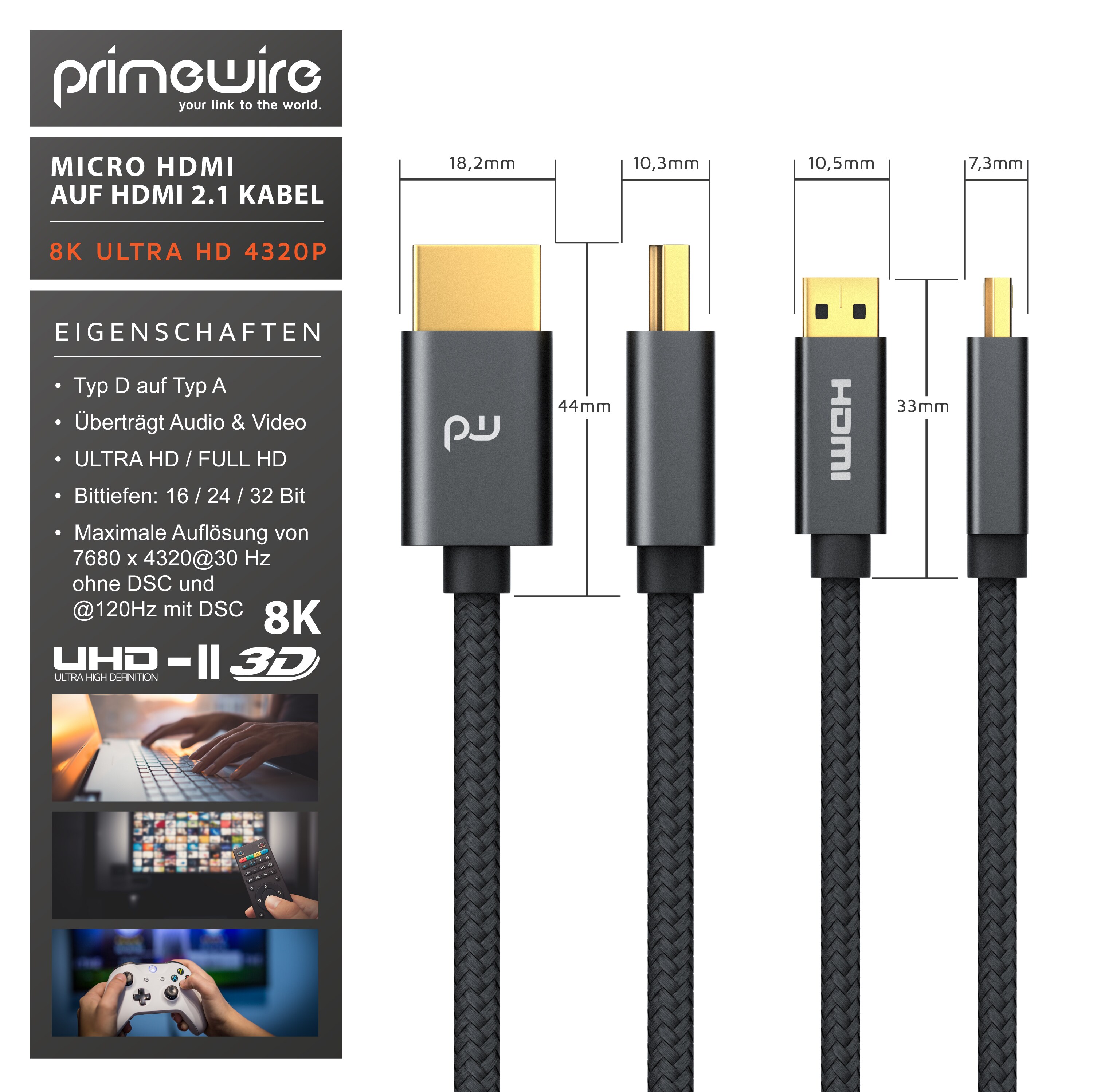 Primewire 8K HDMI 2.1 auf Micro HDMI Adapterkabel, 7680 x 4320 @ 120 Hz mit DSC - 1m