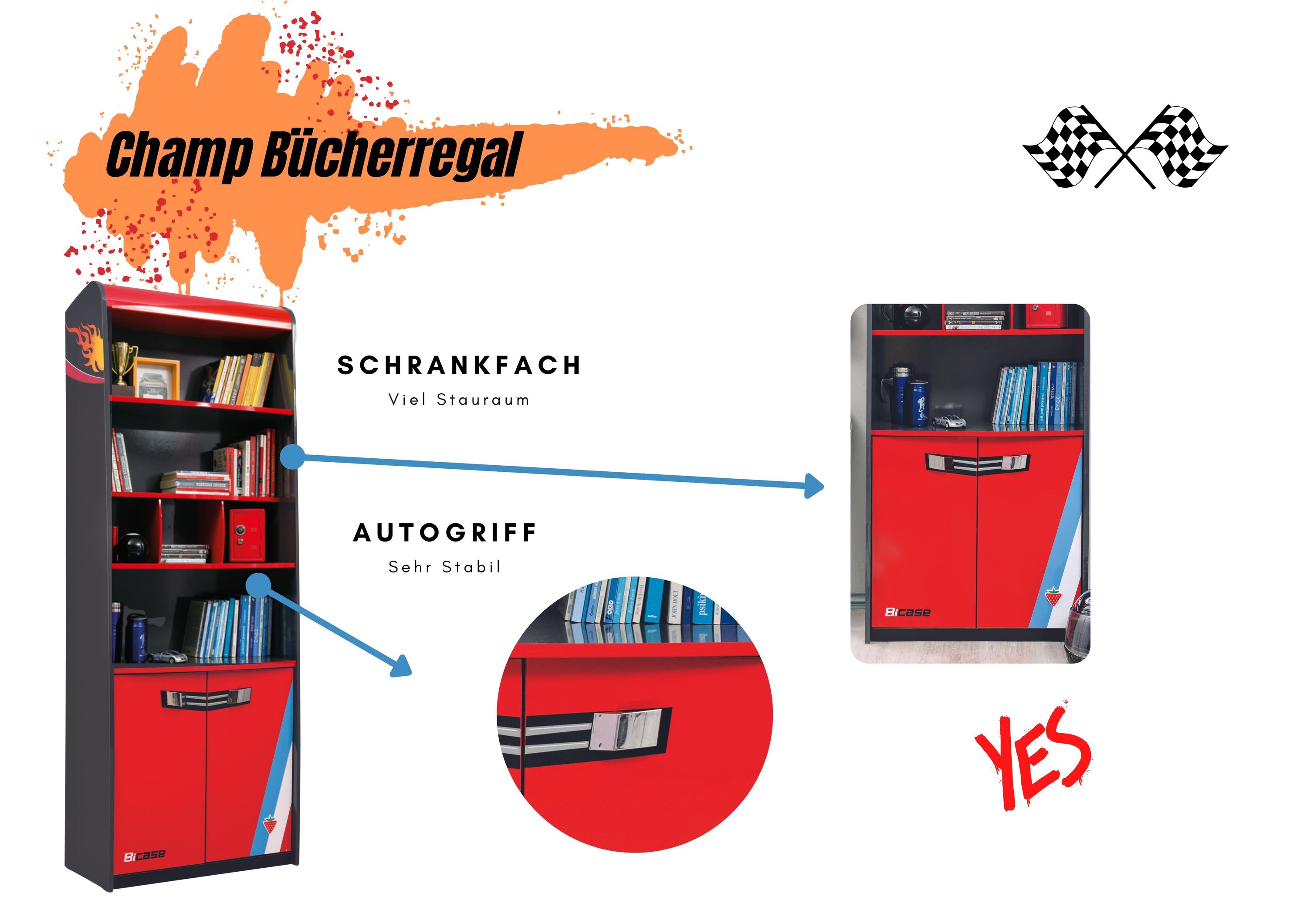 Kinderzimmer Bücherregal mit vier Böden und Schrank