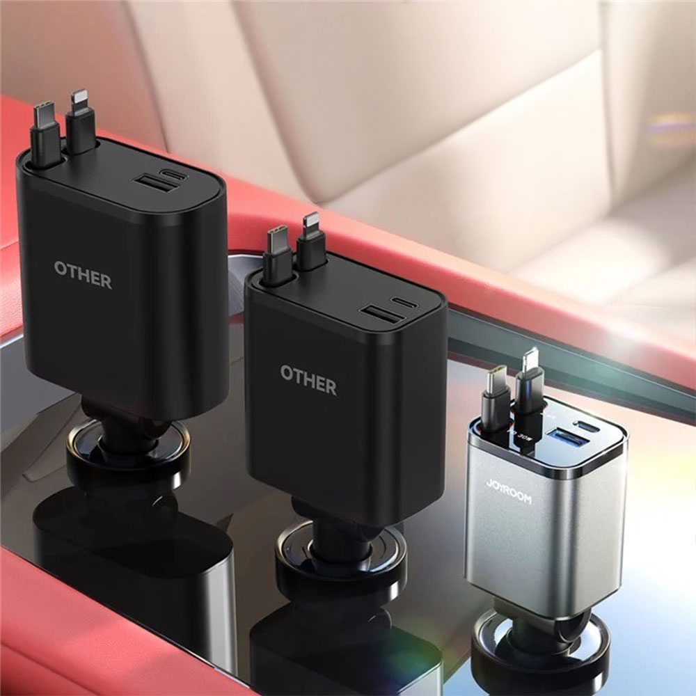 (65W) USB C / USB A Auto KFZ Ladegerät Netzteil PD 3.0 / QC 3.0 mit Ausziehbares USB C / Lightning Ladekabel - Silber / Schwarz