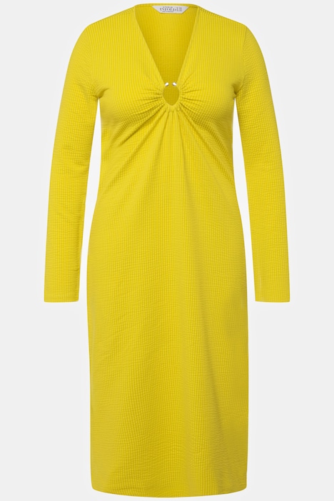 Midikleid, A-Line, Ripp-Jersey, V-Ausschnitt, Zierring, Langarm