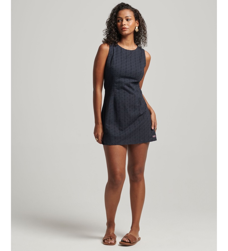 Vestido curto Superdry Vintage Broderie com detalhes vazados em azul marinho escuro.