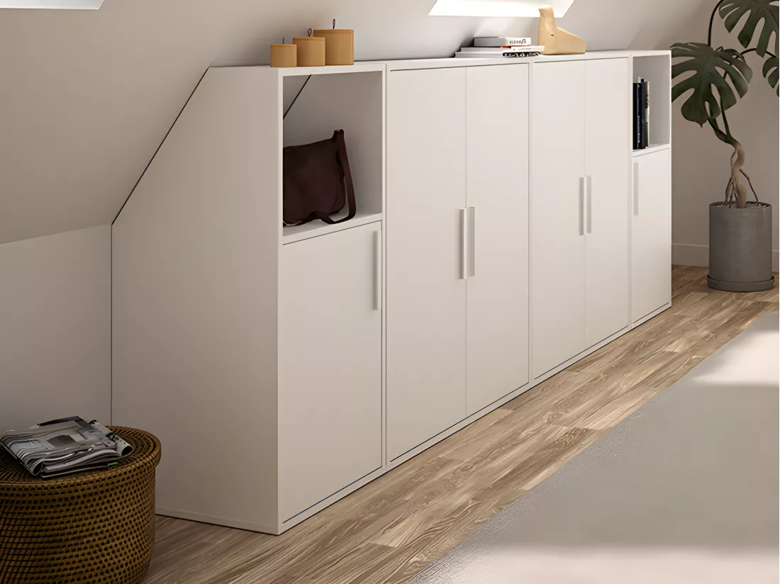 Meuble sous pente 6 portes et 2 niches - Blanc - ADEZIO