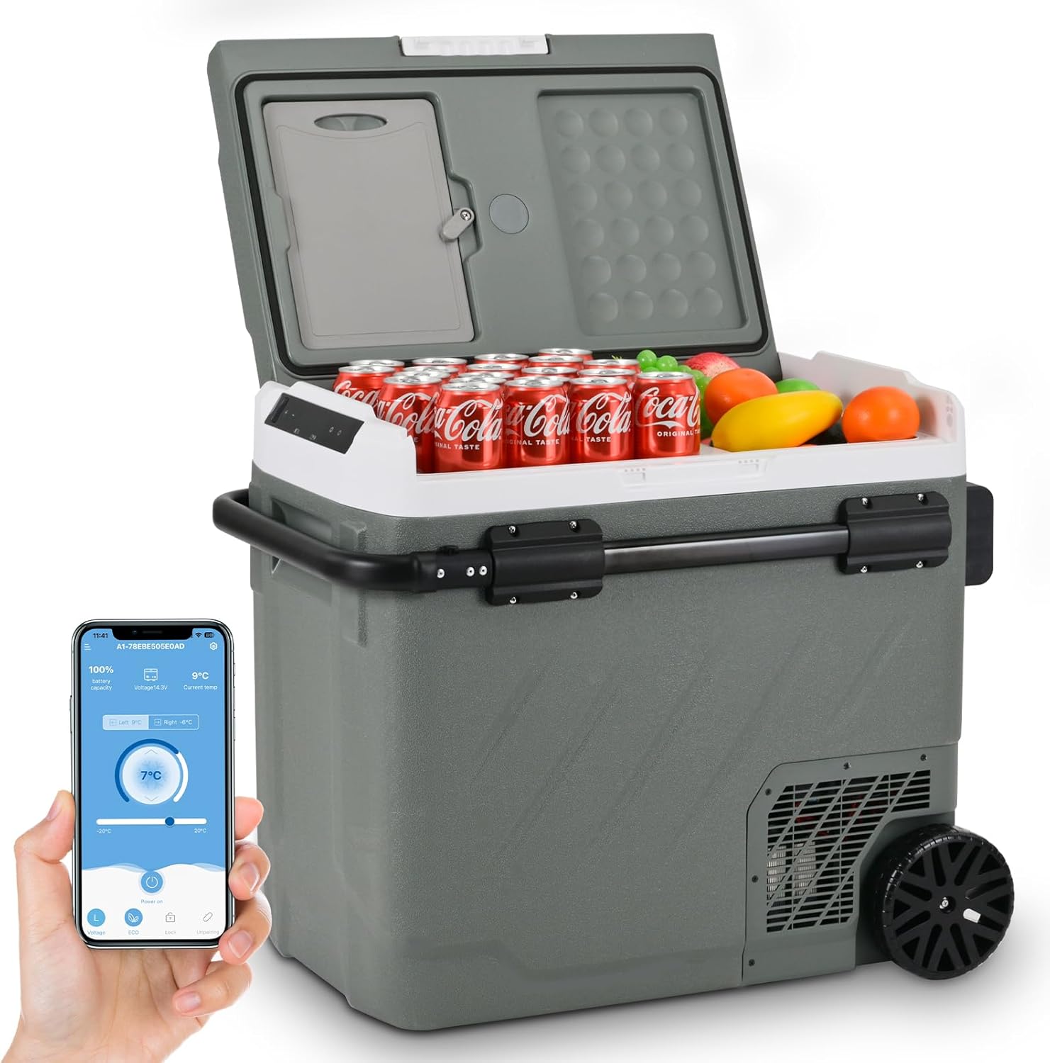 Alpicool 58 Liter Kompressor Kühlbox Tragbarer, Kühlbox Auto Mit APP-Steuerung, 12V/24V DC 100-240V AC Kühlschrank für Auto,Camping,Fahrten,Lkw, Boot,Zwei Zonen,-20℃-20℃