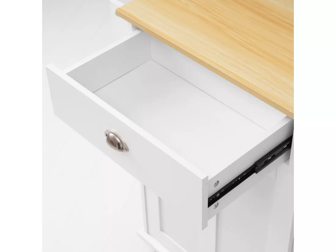 Ilot central de cuisine mobile avec 2 portes coulissantes - plateau extensible - 112x40(70)x94 cm - Bois MDF + métal - Blanc et bois