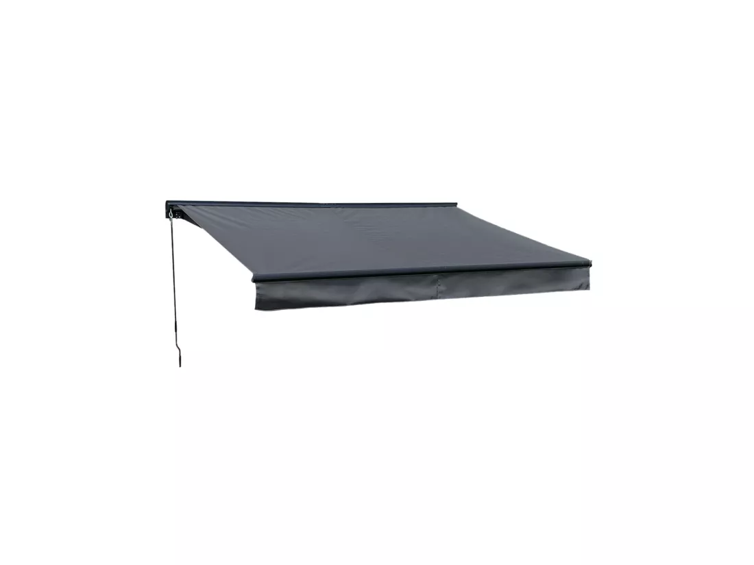 Store banne SAULE 2,95 × 2,5m avec semi-coffre - Toile anthracite et structure grise - HAPPY GARDEN