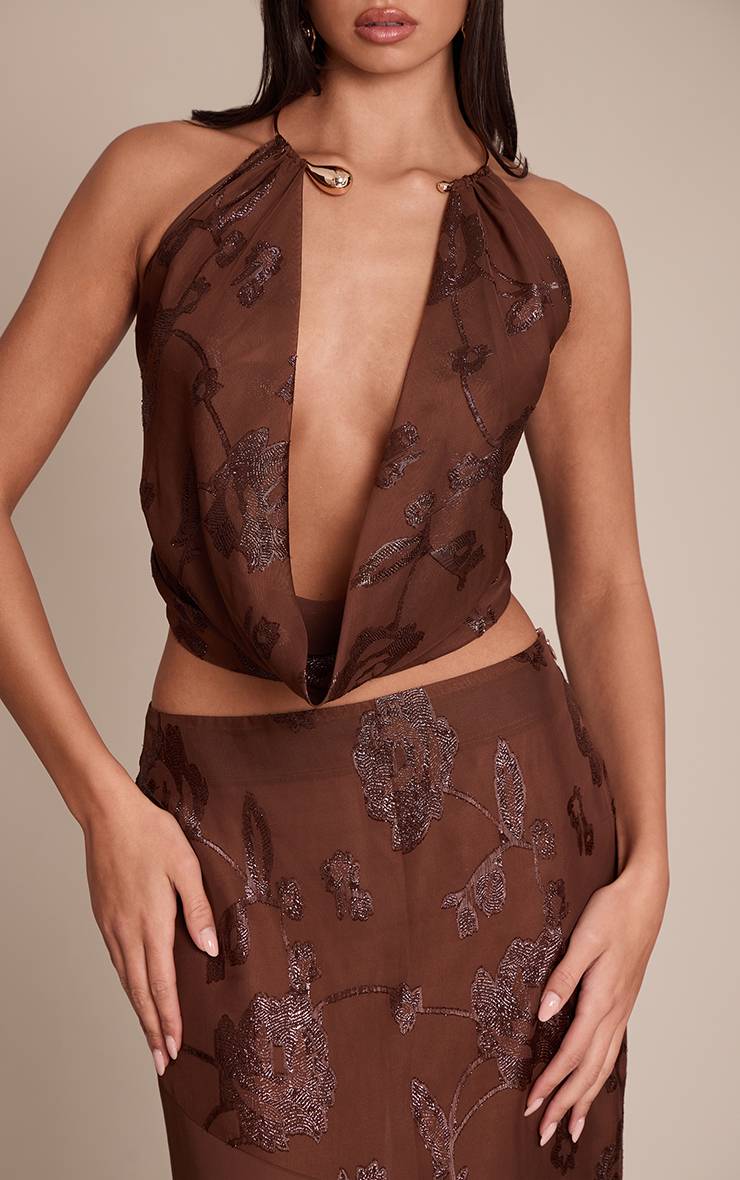 Chocolat Top À Encolure Licou Ornée D'or En Mousseline Pailletée Florale