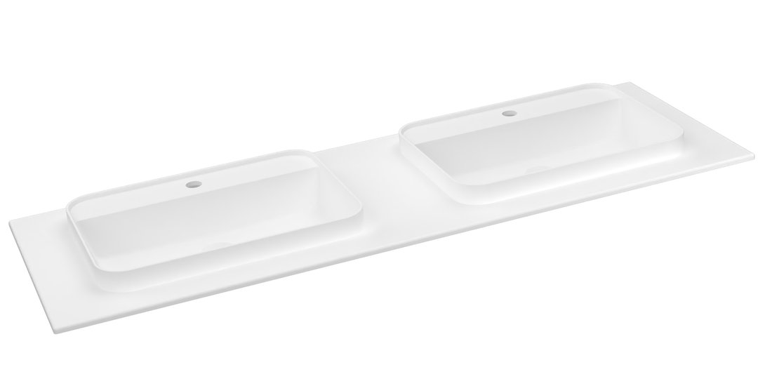 Sapho Brahea dubbele wastafel 150x50cm solid surface wit mat met smalle rand en kraangat