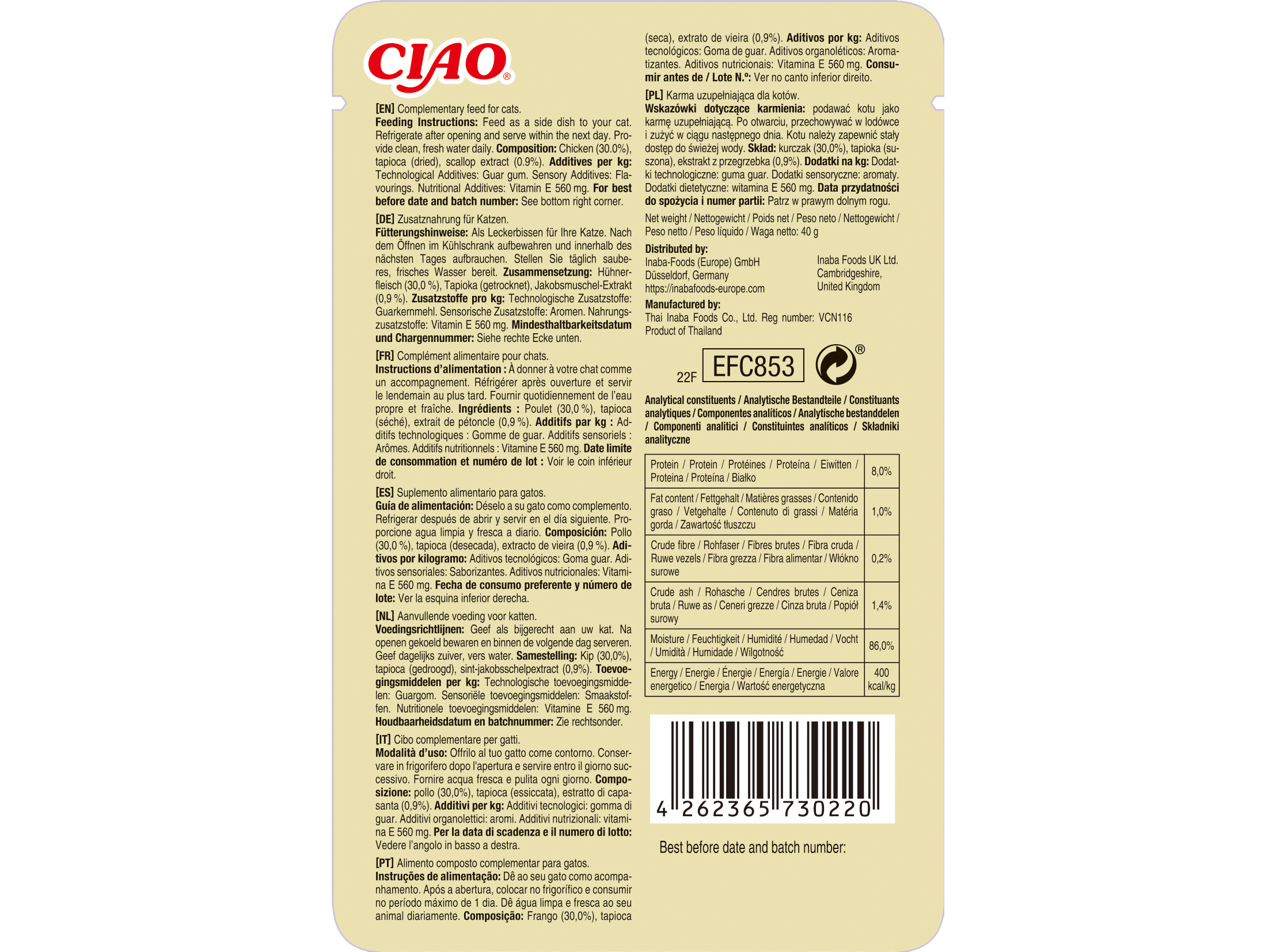 COMIDA HÚMIDA GATO CIAO BISQUE FRANGO 40G