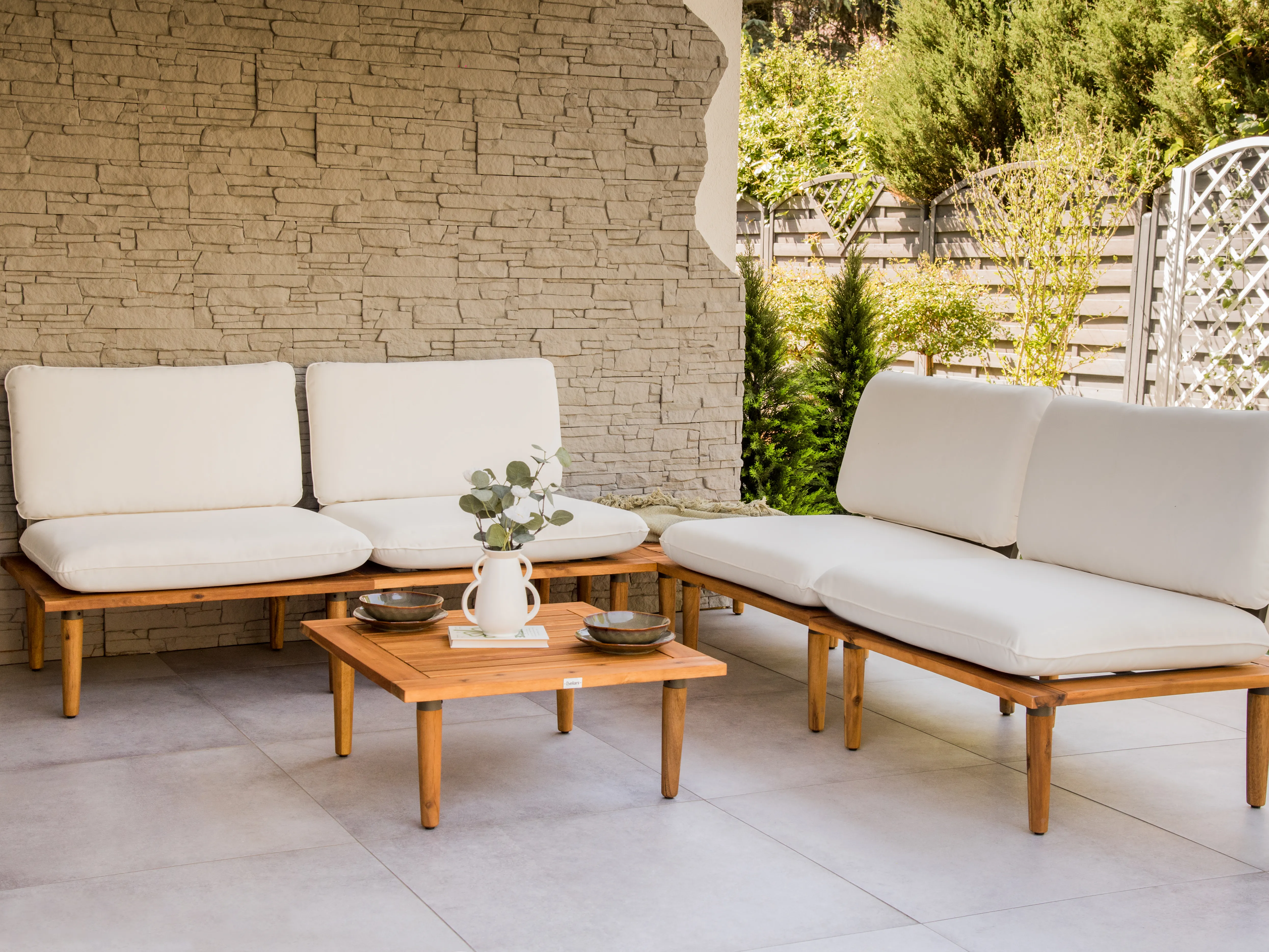 Loungeset met tafel 4-zits FRASCATI modulair Gecertificeerd acaciahout Gebroken wit