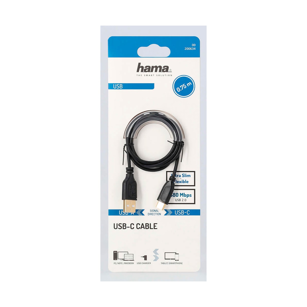 Kabel USB-C Flexi-Slim USB-A-USB-C Gull Svart 0,75m