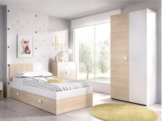 Lit gigogne 2 x 90 x 190 cm - Coloris : Naturel et blanc + sommier - SONIA