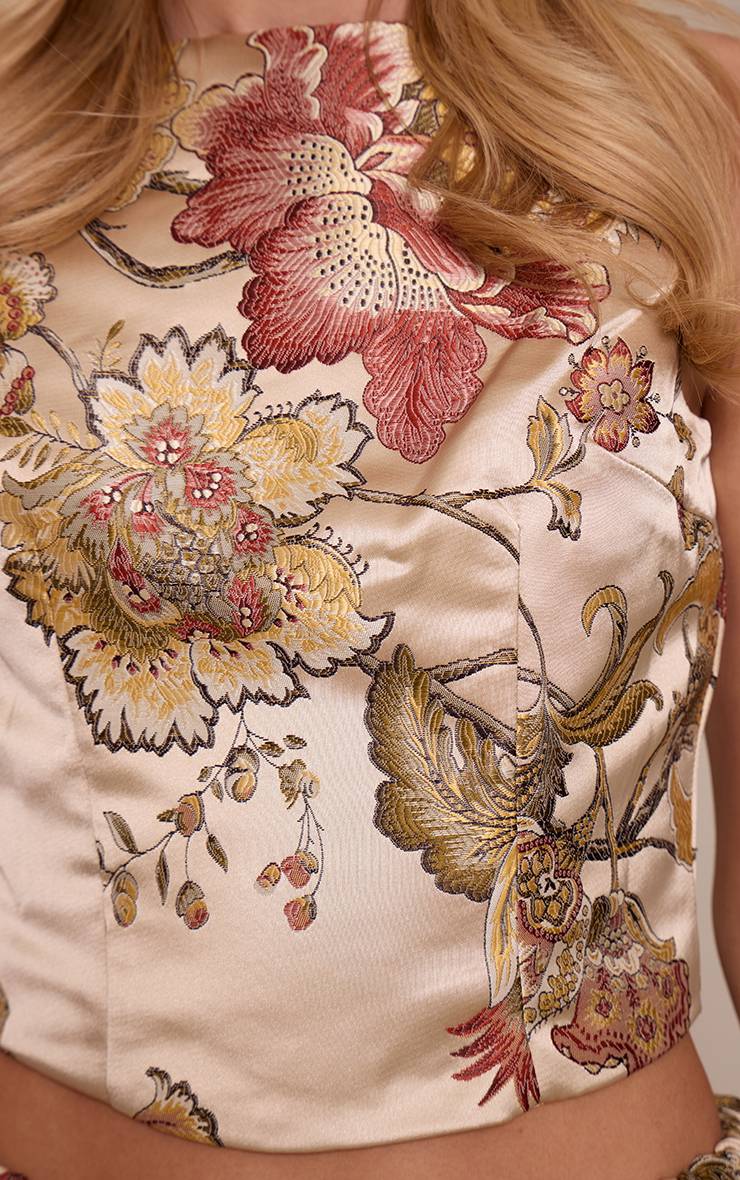 Multicolore Haut Long À Dos Ouvert Brodé Jacquard Floral