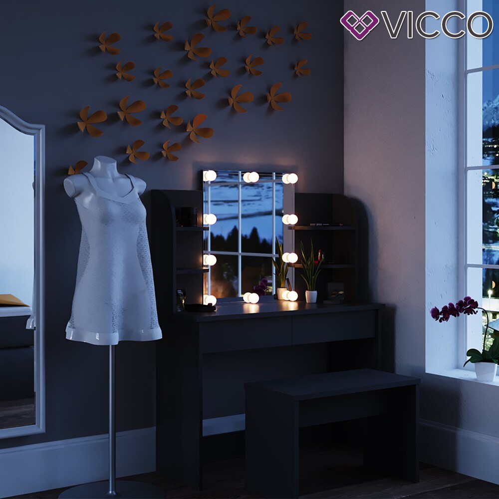 Vicco Schminktisch Charlotte Frisiertisch Kommode Frisierkommode Spiegel Schwarz inklusive Bank