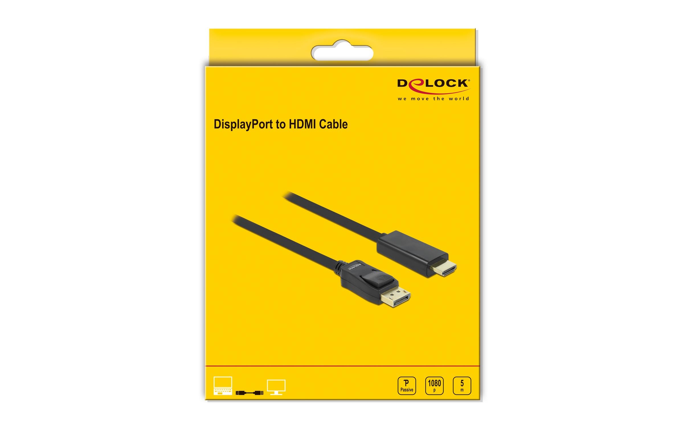 Kabel DisplayPort - HDMI, 5 mDelock Kabel DisplayPort 1.1 Stecker > High Speed HDMI-A Stecker Passiv 5 m schwarz
