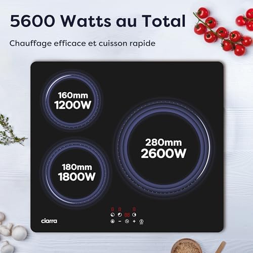 Ciarra CABBIH3 C Plaque à Induction Encastrable 59 cm, 9 Niveaux de Puissance, Verre Microcristallin, Tactile, 5600W, 3 Zones, Minuterie et Verrouillage Enfant : Gros électroménager