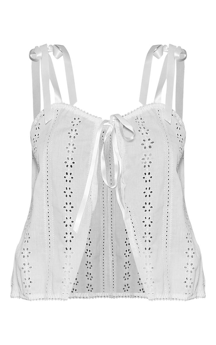 Blanc Ensemble Pyjama Caraco Et Short Bloomer Broderie Anglaise À Épaules Nouées