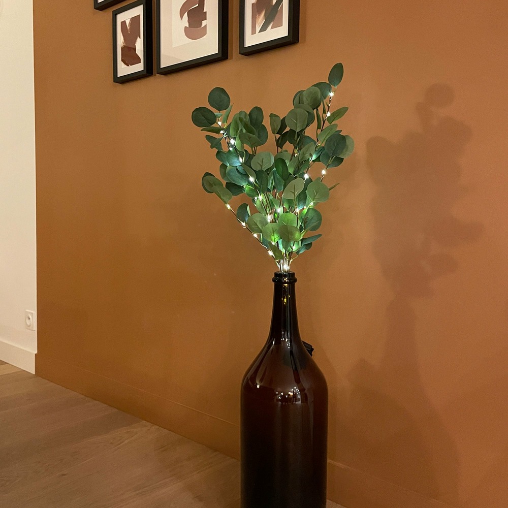 Branches lumineuses d'eucalyptus à piles 60 microled blanc chaud - 60cm - int/ext - chromex