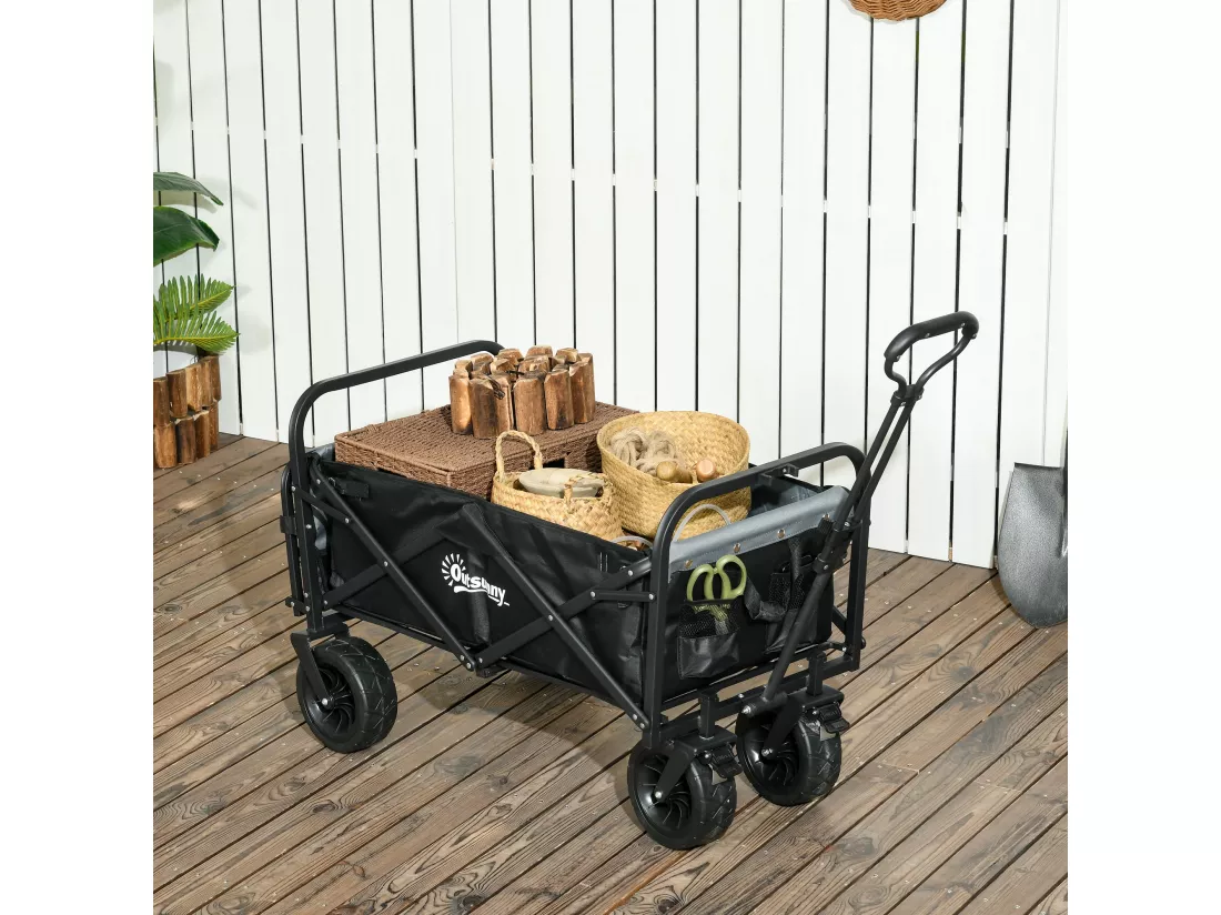 Chariot de jardin 110L pliable 4 roues poignée télescopique réglable porte noir