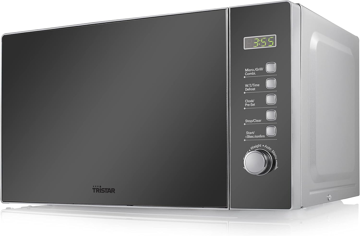 Tristar Kombi-Mikrowelle, 800 Watt, 20 Liter, 8 Leisungsstufen, 1000 W Grillfunktion, Auftaufunktion, Timer, Spiegeltür, Silber, MW-2705
