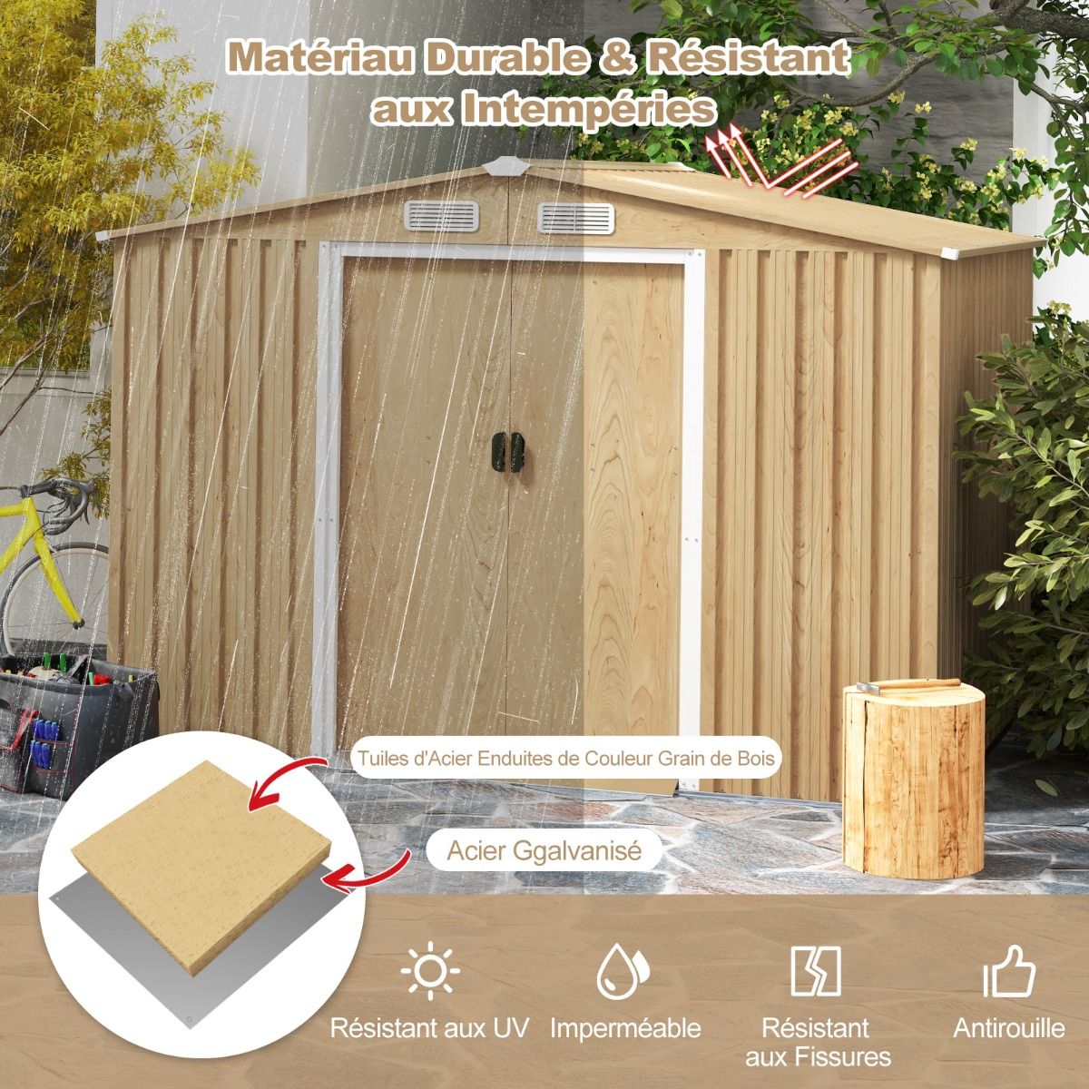 Abri de Rangement 259cm x196cm avec Base de Fondation Maison à Outils en Métal Galvanisé avec 4 Aérations Imperméable et Coupe-vent Naturel - Lidl-Manfred