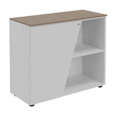 Armoire basse KHEOPS - porte à gauche - structure blanc perle - finition imitation noyer