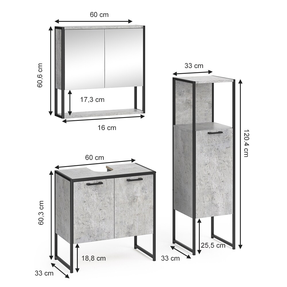 Vicco Loft Badmöbel Set Fyrk Beton Spiegelschrank Midischrank Waschtischunterschrank