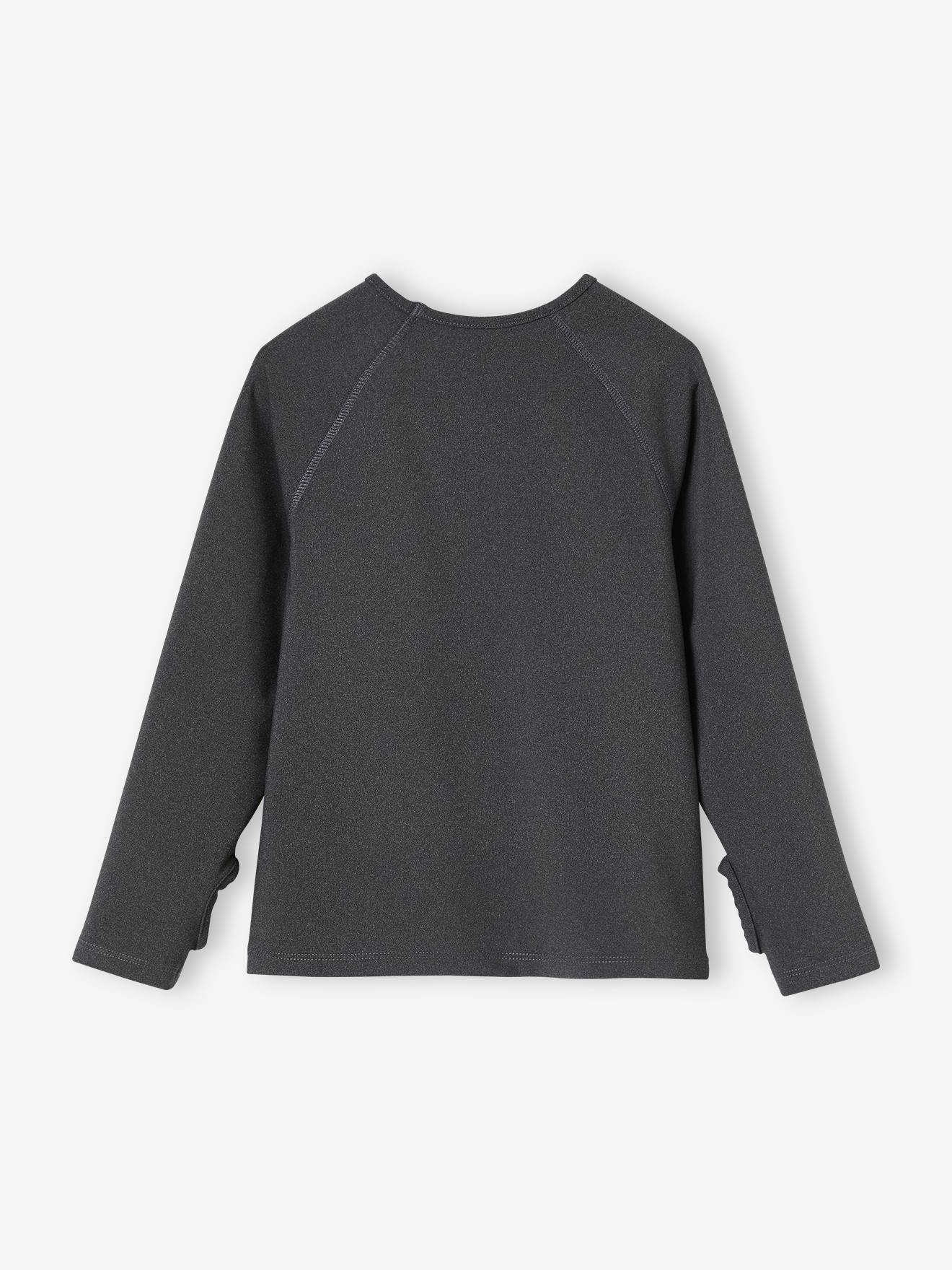 Camiseta esportiva técnica feminina de manga comprida na cor cinza mesclado.