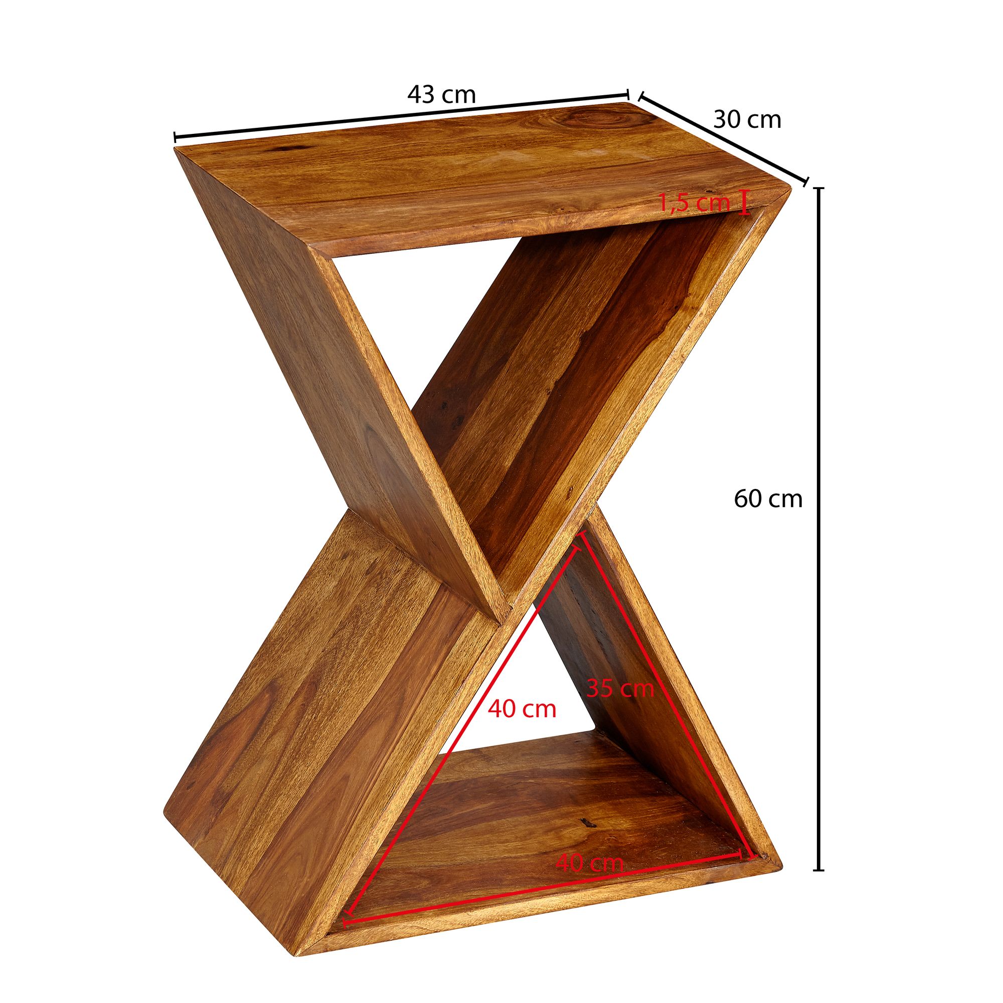KADIMA DESIGN Extravaganter Beistelltisch aus Sheeshamholz, X-förmige Konstruktion, 2 Ablagen
