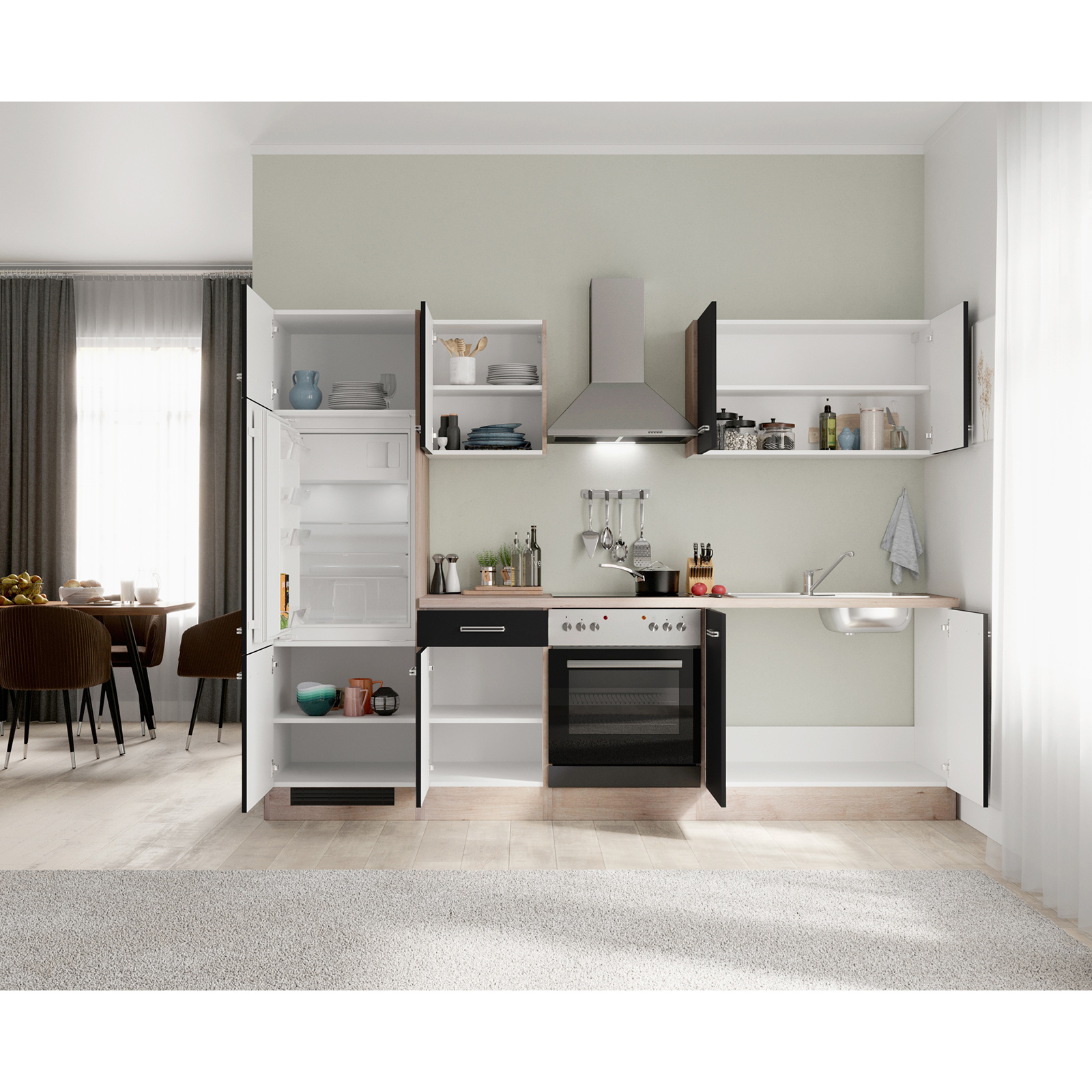 Küchenblock RISENTO - anthrazit - San Remo Eiche - mit E-Geräten - 270 cm