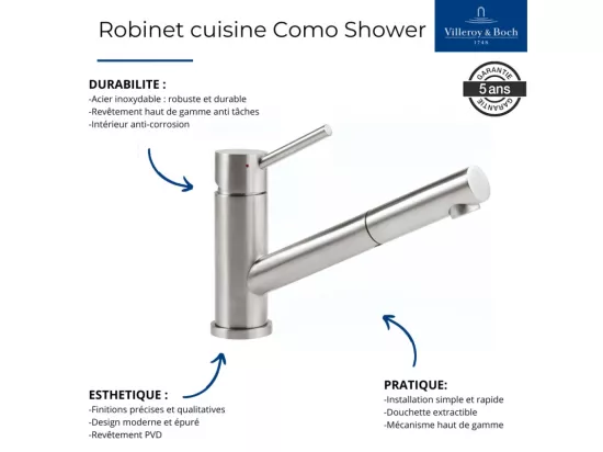 Robinet cuisine VILLEROY ET BOCH Como Shower acier massif poli + nettoyant