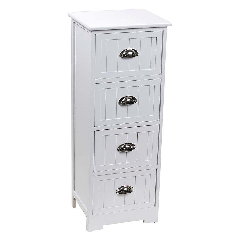 Meuble d'appoint salle de bain blanc 4 tiroirs poignées coquilles 35x90x30cm