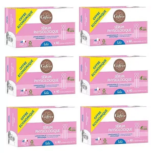 Soro Fisiológico Gifrer, 40 frascos de dose única de 5 ml, pacote com 6 unidades.