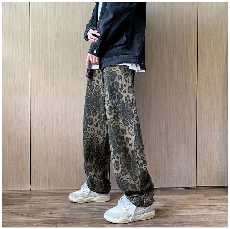 Whyessa - Low Rise Leopard Print Washed Baggy Jeans