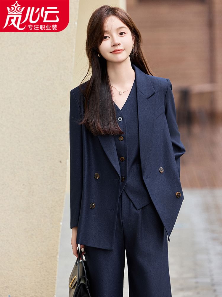Skyheart - Peak Lapel Plain Double-Breasted Blazer / V-hals Single-Breasted Vest / Hoge Taille Loose Fit Pak Broek / Set