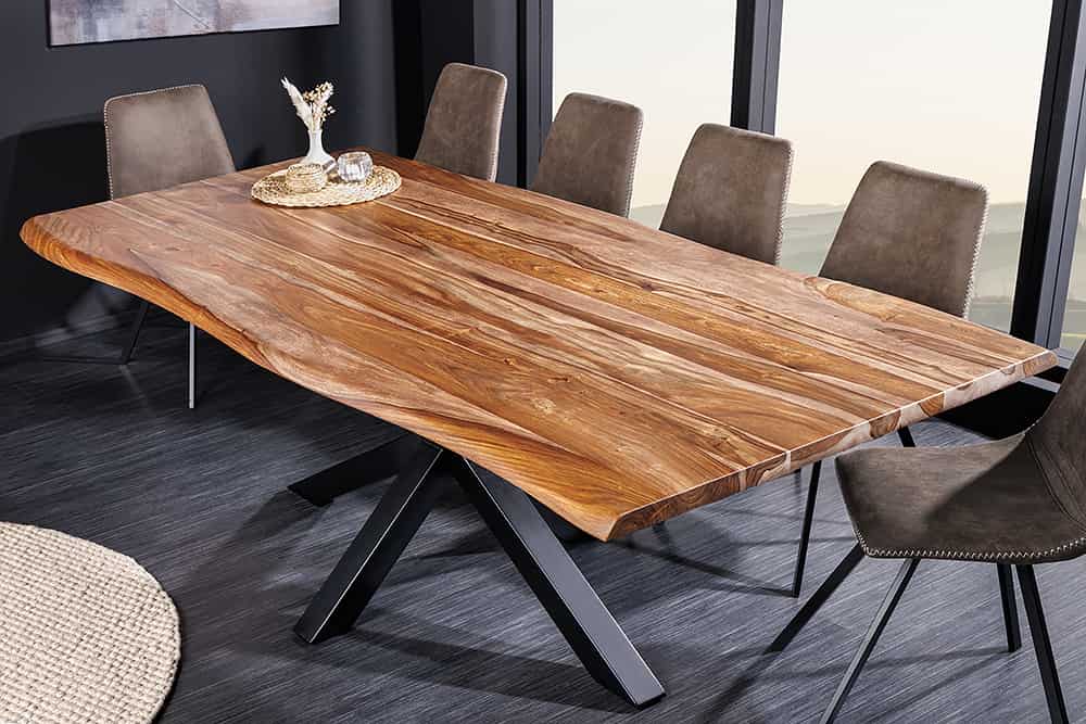 Massivholz Esstisch MAMMUT 200cm braun Sheesham schwarzes Gestell Baumkante stone finish
