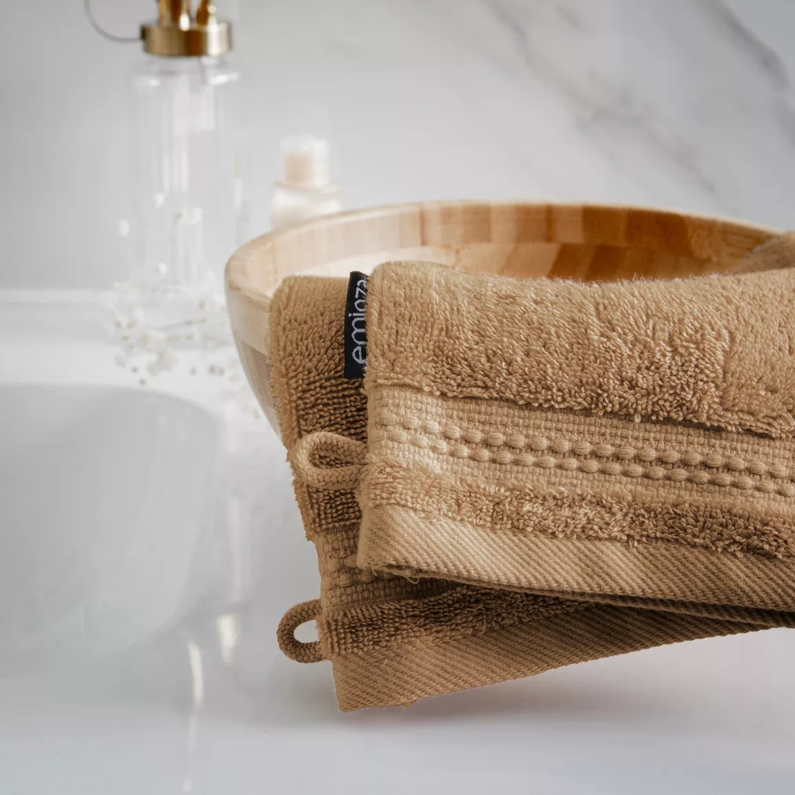Lot de 2 gants de toilette coton bio (15 x 21 cm) Méline Camel