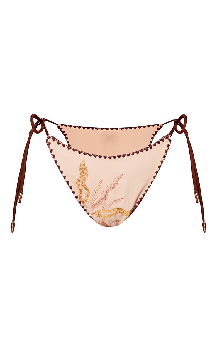 Crème Bas De Bikini À Nouer Sur Les Côtés Avec Broderie Soleil Et Surpiqûre Festonnée