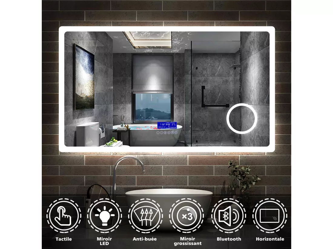 Miroir salle de bain 120x70cm LED réglable+antibuée+Bluetooth+Horloge+grossissant Aica