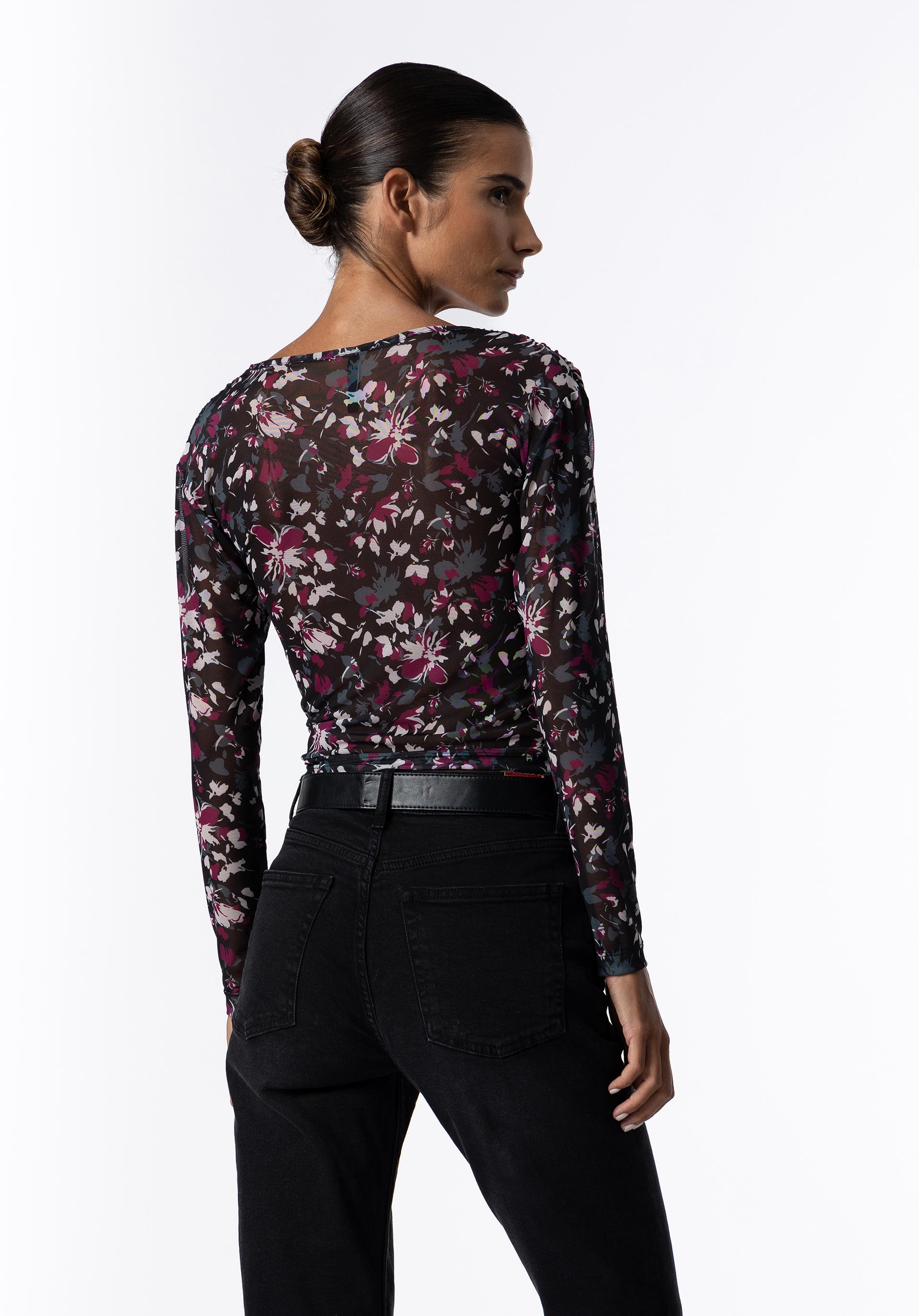 T-shirt Mesh Estampada com Franzidos