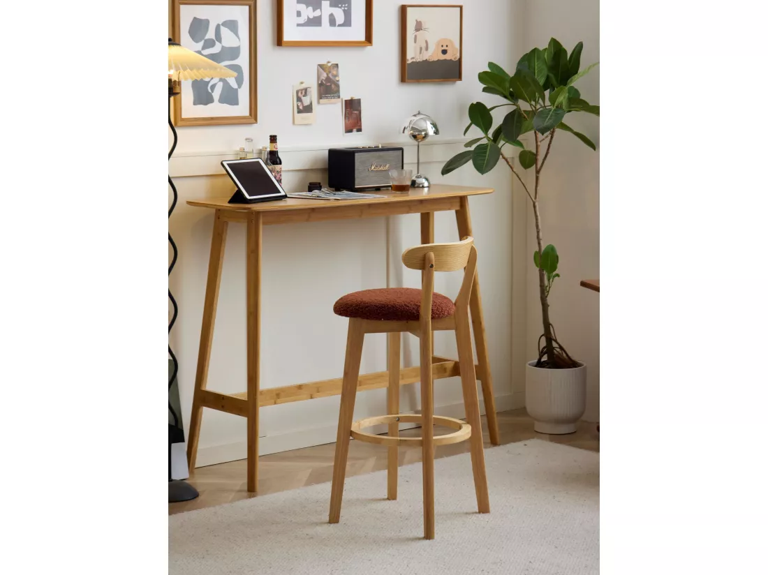 Lot de 2 tabourets de bar en Hévéa et bouclettes terracotta
