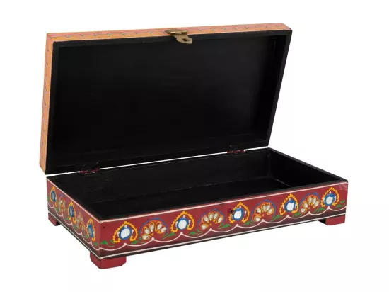 Coffret à bijoux en bois peint artisanal rouge 33x19x10h