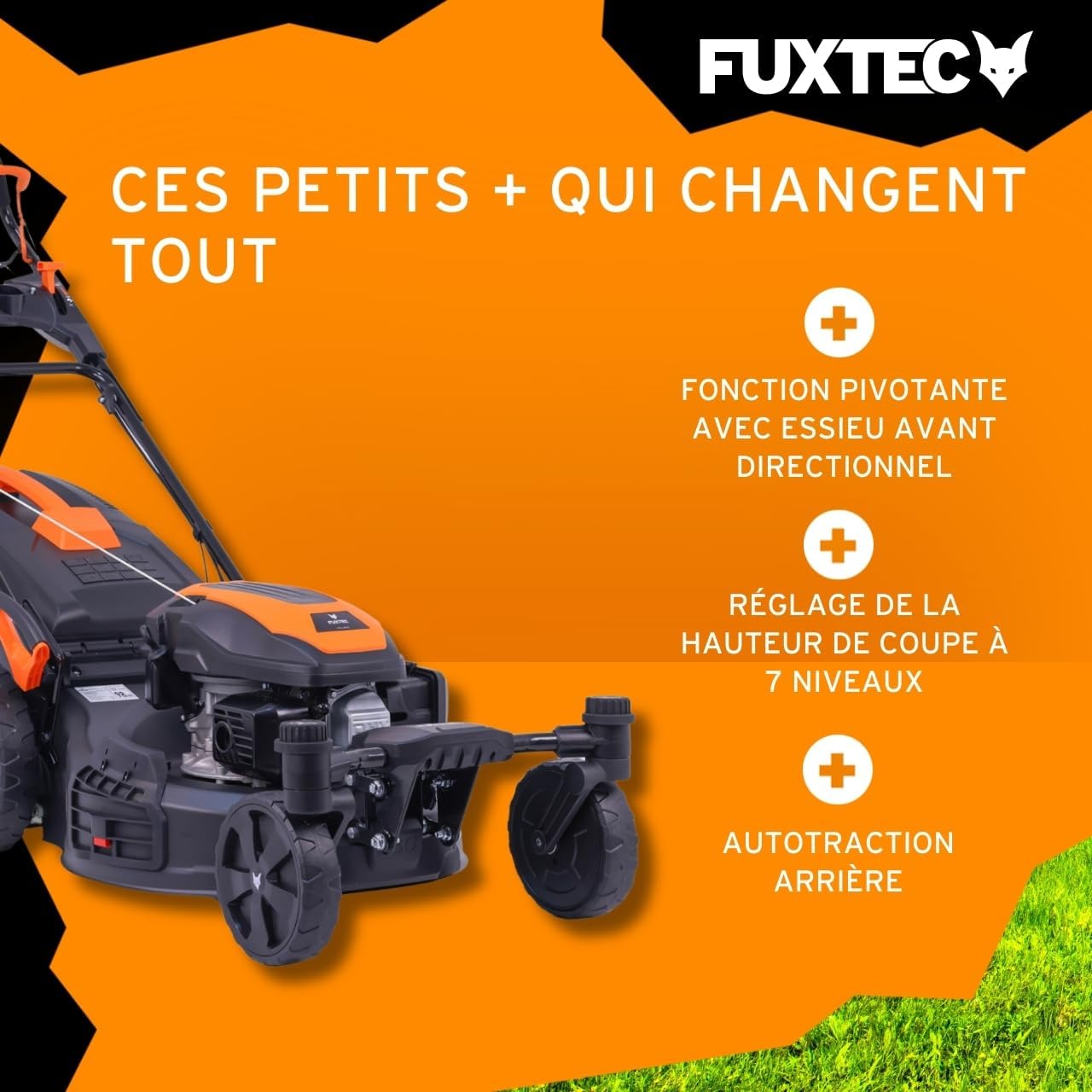 FUXTEC Tondeuse à gazon thermique 4 en 1 Avec Roues Avant Pivotantes FX-RM5170agile - 2,9kW | Largeur de coupe 51cm | 25mm-75mm Bac 60L, mulching & éjection latérale