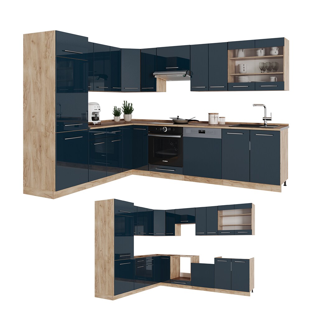 Vicco Eckküche Fame-Line Eiche Dunkelblau Hochglanz 287x227 cm ohne Arbeitsplatte
