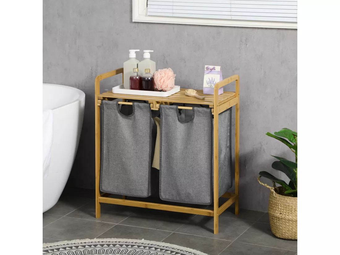 Panier à linge corbeille à linge en bambou 2 paniers amovibles non-tissé gris foncé