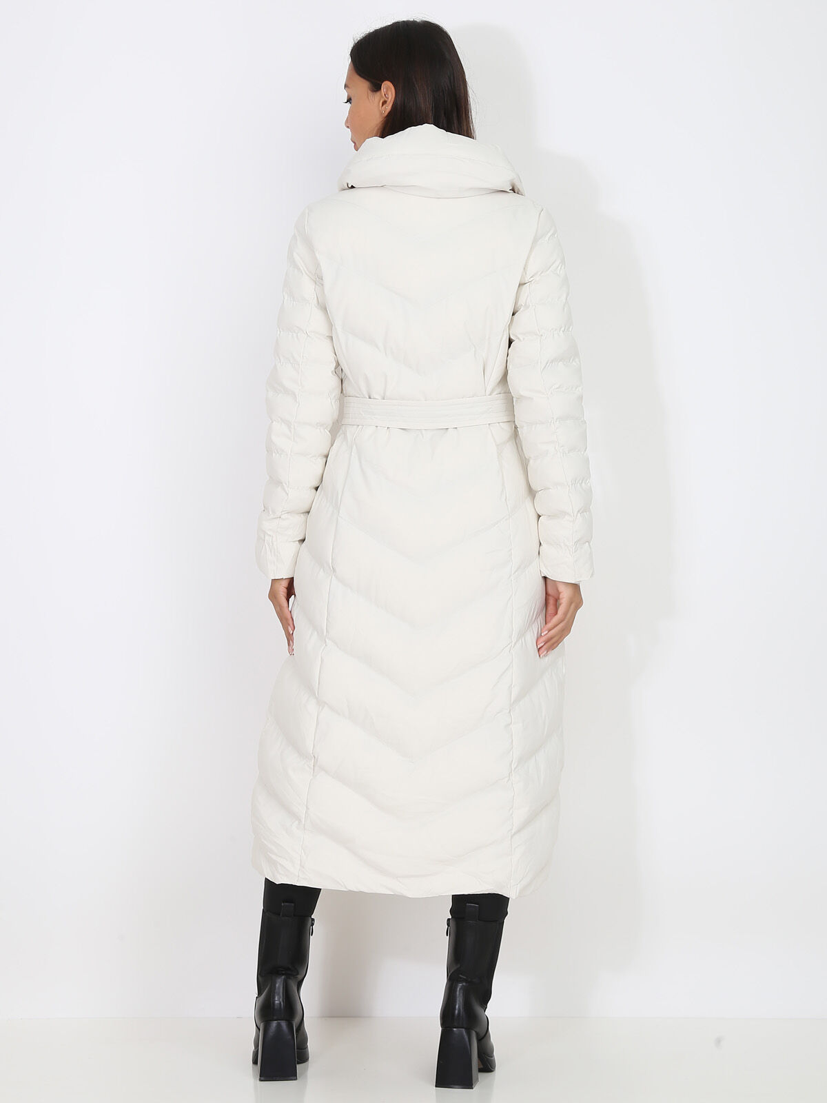 Doudoune longue ceinturée à capuche- Beige