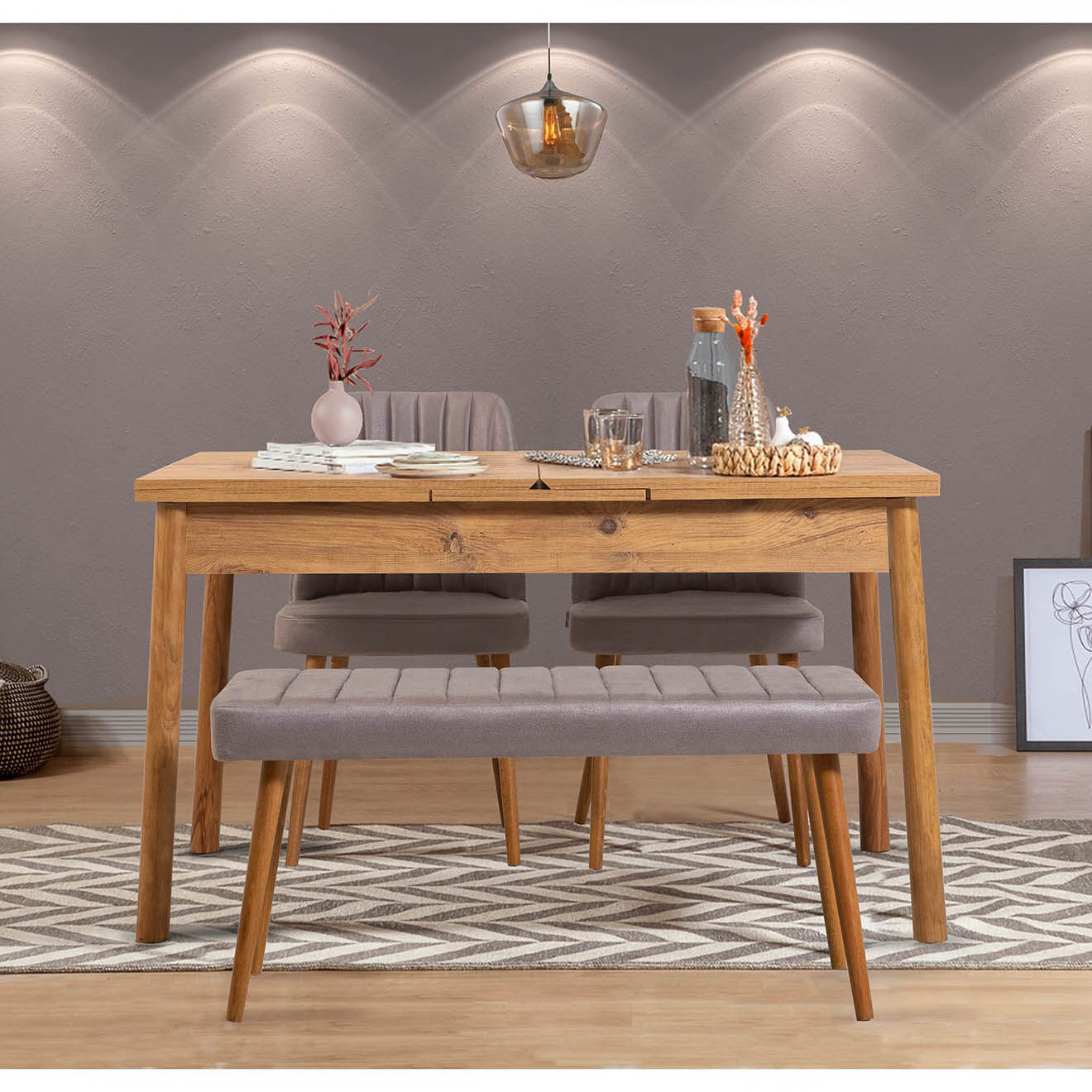 Wooden Art Table + 2 Chaises + Banc Santiago 0701 pin atlantique/gris