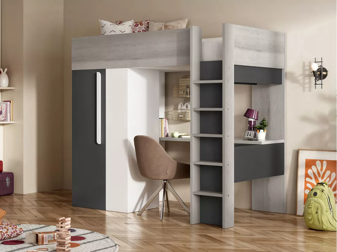 Lit mezzanine 90 x 200 cm avec armoire et bureau - Anthracite et blanc + matelas - NICOLAS II